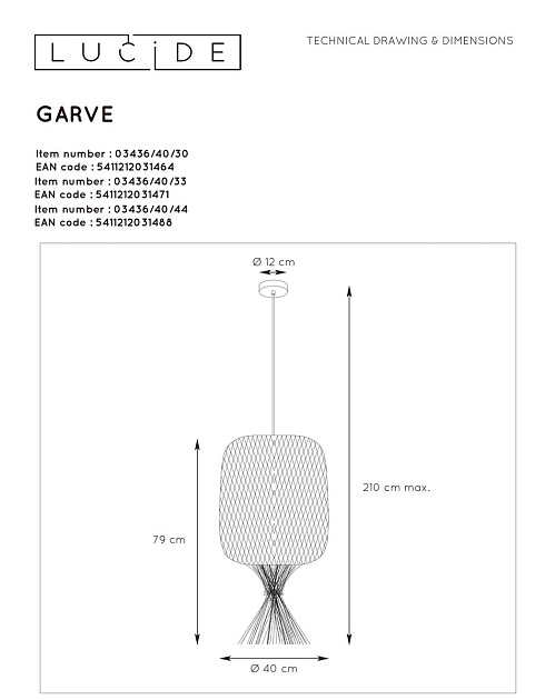 Подвесной светильник Lucide Garve 03436/40/33 Фото № 2