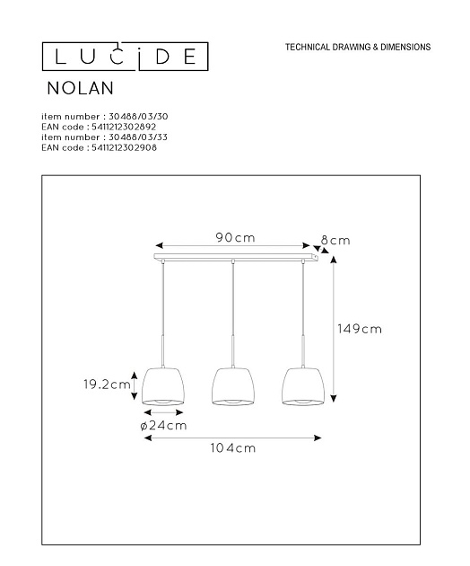 Подвесной светильник Lucide Nolan 30488/03/33 Фото № 2
